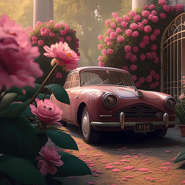 Samochód zaparkowany przed budynkiem z różowymi kwiatami
