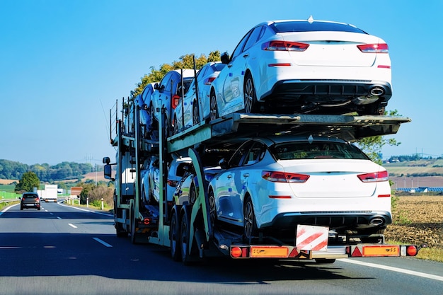 Samochody ciężarowe do przewozu samochodów na drodze asfaltowej w Polsce. Transporter ciężarowy