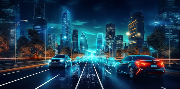 samochody jeżdżące na ulicy w nocy z światłami miejskimi generatywne ai