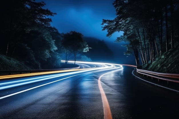Samochody oświetlają szlaki w nocy na zakrzywionej asfaltowej drodze w nocy Generatywna AI