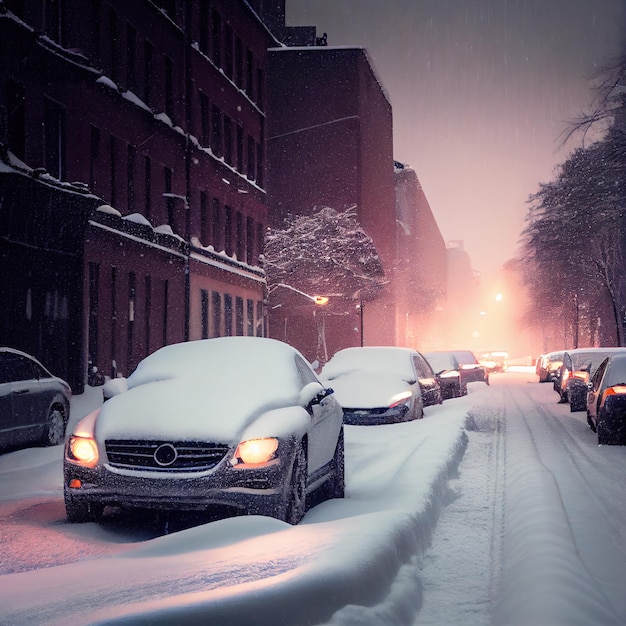 Samochody pokryte śniegiem w mieście po burzy śnieżnej Generative Ai