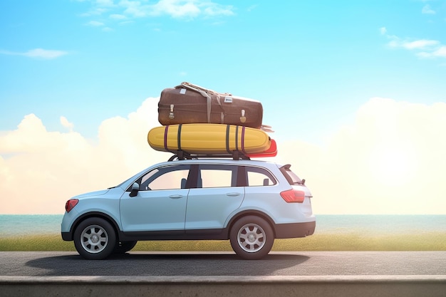 Samochody przewożące bagaż wakacyjny i walizki na dachu gotowe na wakacje i rodzinne wakacje Koncepcja podróży