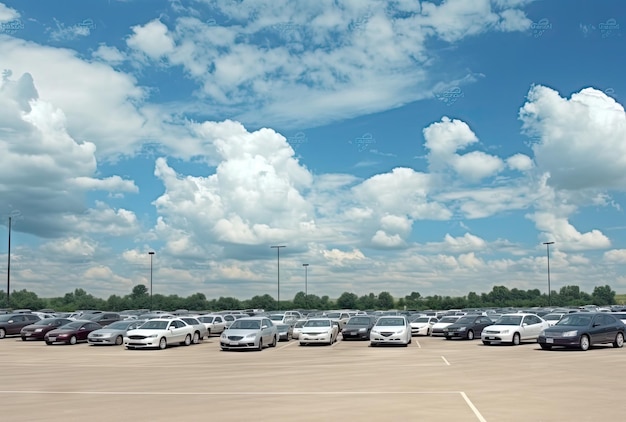 Samochody zaparkowane na parkingu asfaltowym Drzewa biała chmura błękitne niebo tło puste miejsce na parking Odkryty parking z zielonym środowiskiem natura podróż koncepcja technologii transportu