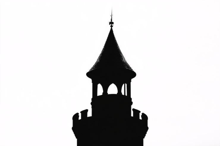 Zdjęcie samodzielna sylwetka wieży na czystym białym tle idealna do wyświetlania koncepcji architektonicznych lub kapryśnych projektów plakatów z dużą przestrzenią dla tekstu