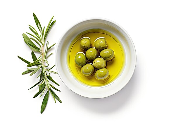Samodzielnie na białym tle widok z góry oliwy z oliwek i oliwek zielonych w sosjerce