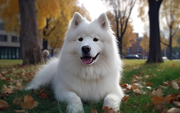 Zdjęcie samojed siedzi na trawie w parku.