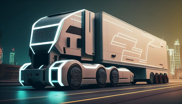 Samojezdna, futurystyczna ciężarówka towarowa dostarcza dostawy do magazynu na trasie miejskiej autostrady, korzystając z zaawansowanych czujników skanujących do kontroli bezpieczeństwa i prędkości, a także z generatywnej sztucznej inteligencji