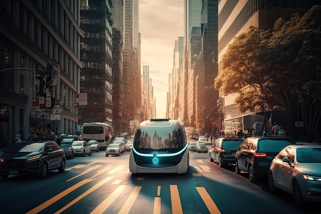 Samojezdny samochód poruszający się po mieście Technologia iot Inteligentne miasto Generacyjna sztuczna inteligencja