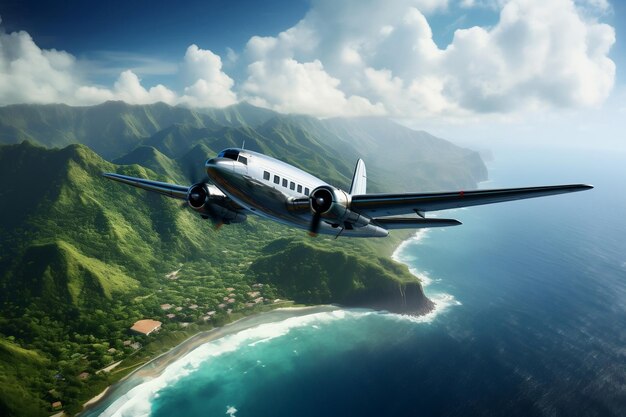 Samolot ekspedycyjny przybrzeżny przelatuje nad tropikalną linią brzegową w autentycznym obrazie generatywnym AI
