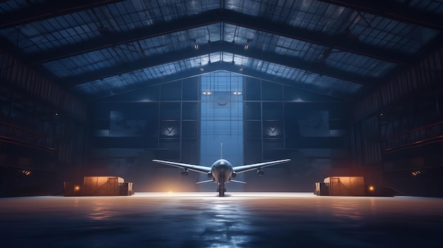 Samolot Generative AI w hangarze, widok z przodu samolotu i światło z okien