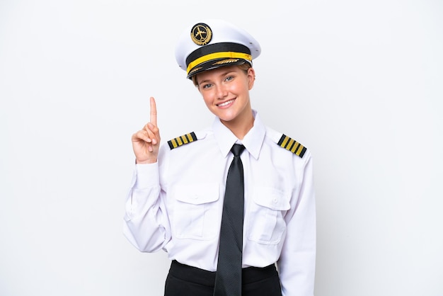 Samolot Kaukaski Kobieta Pilot Na Białym Tle Pokazując I Podnosząc Palec Na Znak Najlepszych