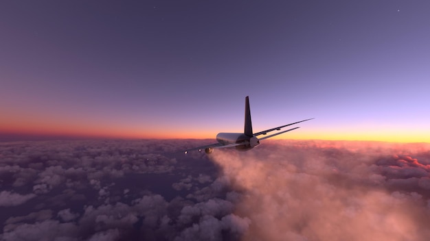 Samolot komercyjny lecący nad chmurami z dramatycznym zachodem słońca. Obraz 4K. Koncepcja szybkiej podróży i transportu.