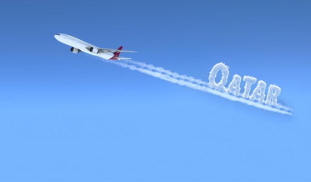 Zdjęcie samolot komercyjny lecący z katarem napisany w obrazie 4k śladu dymu