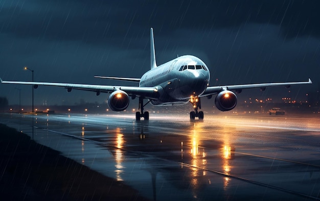Samolot lądujący w deszczową noc nawigujący w obliczu przeciwności losowych Generacyjna sztuczna inteligencja