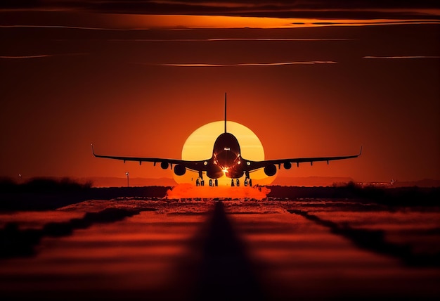 Samolot ląduje o wschodzie słońca AI Generated