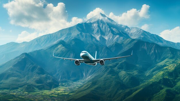Samolot latający na niebie nad górami i lasami generatywny ai