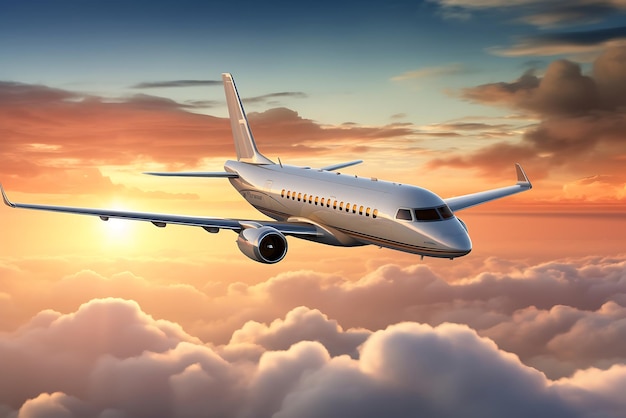 Samolot latający na niebie o zachodzie słońca Koncepcja podróży biznesowej