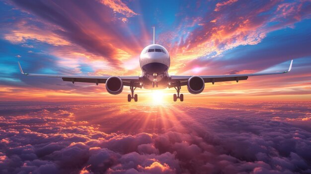 Samolot latający nad chmurami o zachodzie słońca
