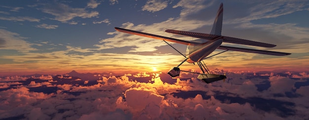 Samolot latający nad górami jeziorami i chmurami słoneczny da