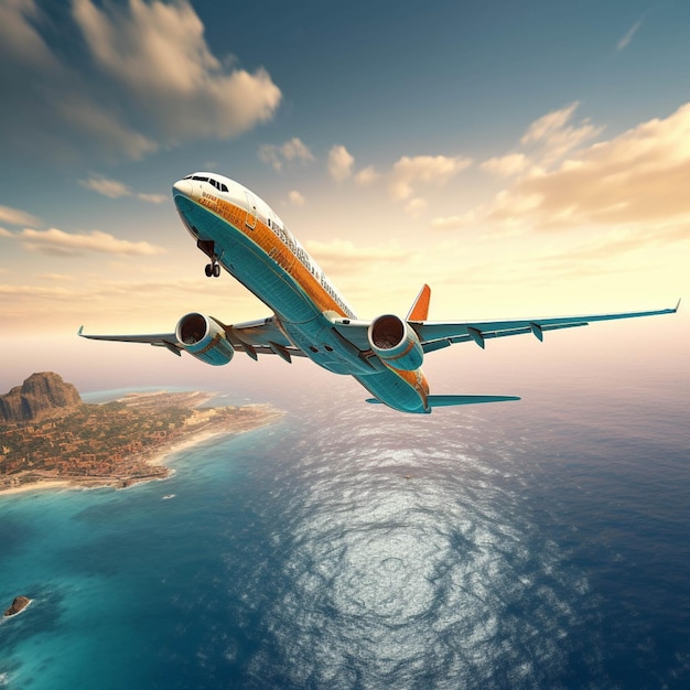 Samolot latający nad morzem Koncepcja podróży Renderowanie 3D