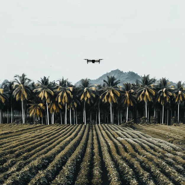 Samolot latający nad polem palmowym