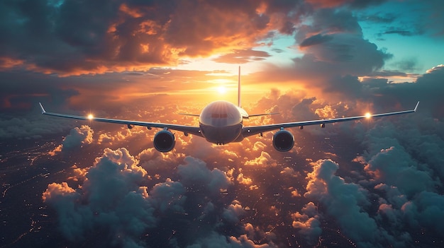Samolot latający w powietrzu ze światłem słonecznym świecącym AI generatywny