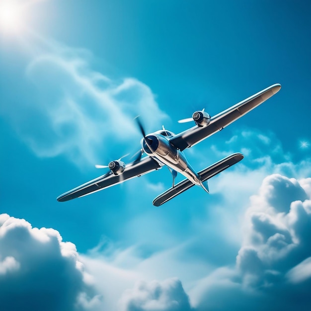 Samolot latający z śmigłem nad niebieskim niebem generatywny ai