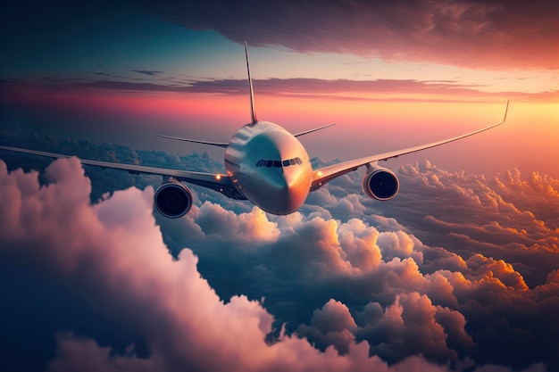 Samolot lecący nad chmurami z błyszczącym słońcem i żółtawym niebem odbijającym