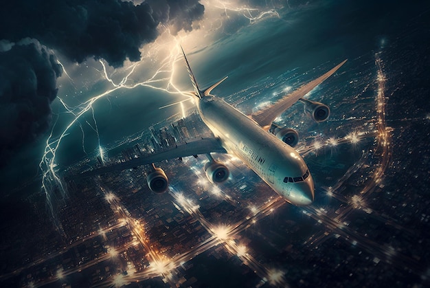 Samolot lecący podczas burzy z piorunami uderza w generatywną sztuczną inteligencję samolotu pasażerskiego