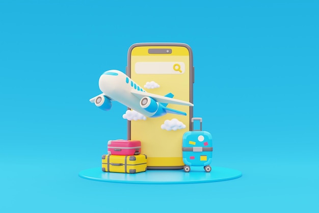 Samolot lecący w chmurach na smartfonie z walizką Turystyka i koncepcja podróży wakacje wakacje natura podróż renderowania 3d