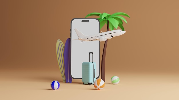 Samolot leci nad telefonem z palmą i plażową torbą.