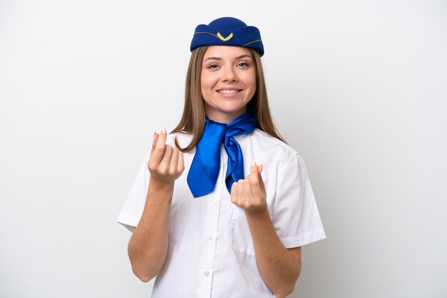 Samolot litewski stewardessa na białym tle robi pieniądze gest
