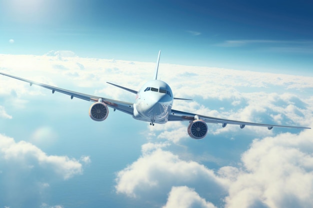 Samolot pasażerski lecący nad chmurami na błękitnym niebie Koncepcja szybkiej podróży wygenerowana przez AI ilustracja