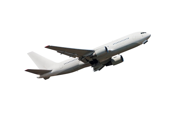 Samolot pasażerski szerokokadłubowy latający na białym tle
