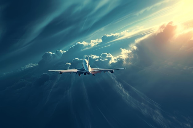 Samolot powietrzny lata, chmury podróżują, generują Ai.