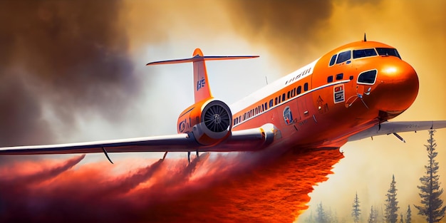 Samolot przeciwpożarowy zrzucający wodę na pożar lasu Ia generatywny
