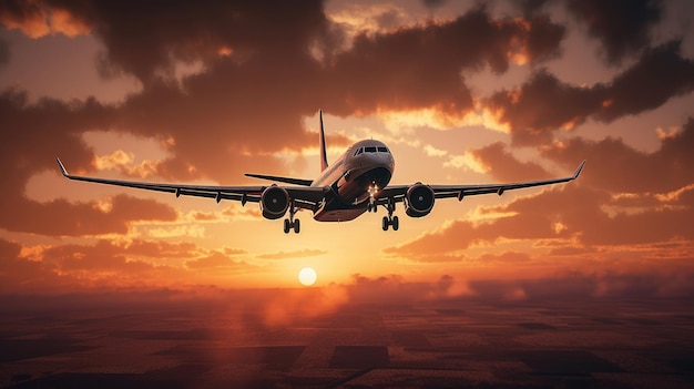 Zdjęcie samolot startujący o zachodzie słońca utworzono przy użyciu generative ai