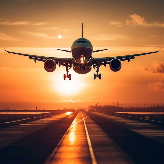 Samolot startujący z pasa startowego lotniska o zachodzie słońca Koncepcja podróży
