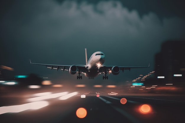 Samolot startuje z pasa startowego na lotnisku Ilustracja AI Generative