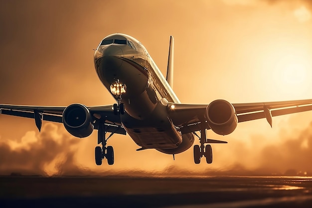 Samolot startuje z pasa startowego podczas zachodu lub wschodu słońca Generative AI