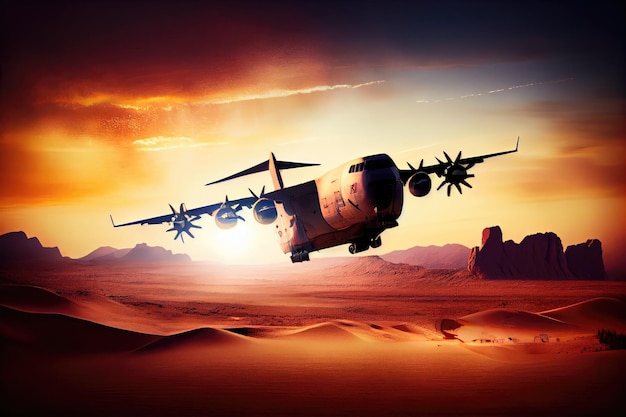 Samolot transportowy lecący nad pustynią z zachodem słońca w tle