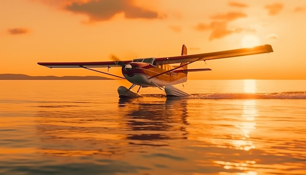 Samolot wodny wznoszący się przez zachód słońca odzwierciedlający piękno natury aktywność rekreacyjna generowana przez sztuczną inteligencję