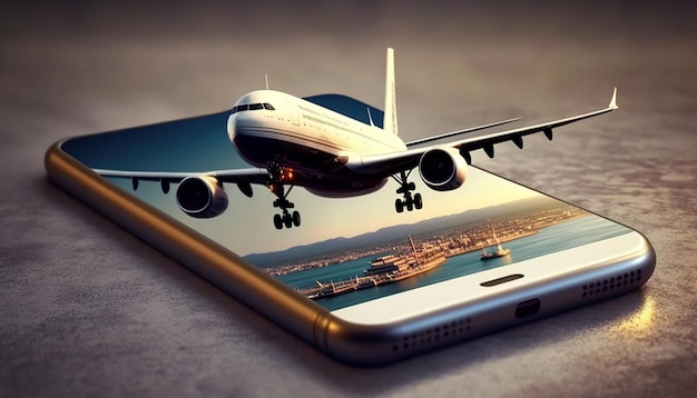 Samolot Wychodzący Z Ekranu Smartfona Ai Generatywna Ilustracja