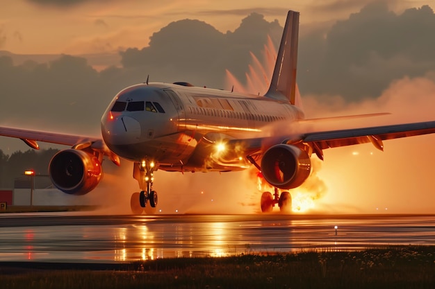 Zdjęcie samolot wykonujący awaryjne lądowanie z pożarem silnika o zachodzie słońca