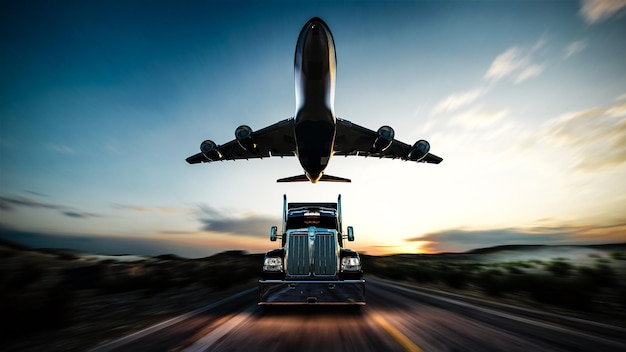 Samoloty transportowe i ciężarówka w stylu amerykańskim na autostradzie ciągnące ładunek Temat transportu ilustracja 3D