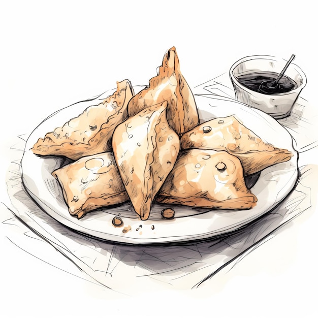 Zdjęcie samosa plate sketch ciemno biała i brązowa ilustracja redakcyjna