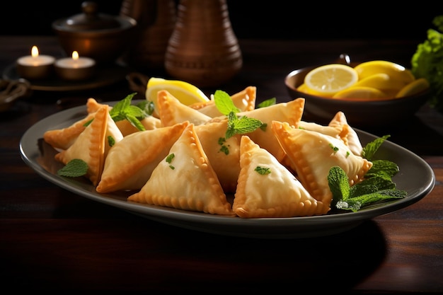 Zdjęcie samosas arranged on a platter with sprigs of fresh mint for garnish