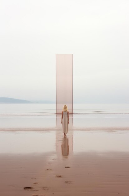 Zdjęcie samotna, blond młoda kobieta na piaszczystej plaży.