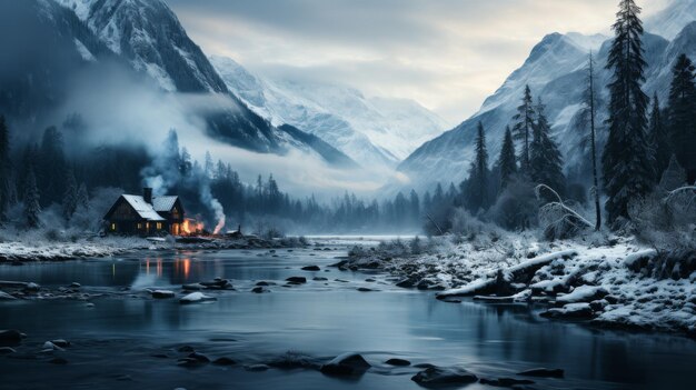 Zdjęcie samotna chatka położona w śnieżnym górskim lesie dym wznoszący się z komina spokojny i odosobniony