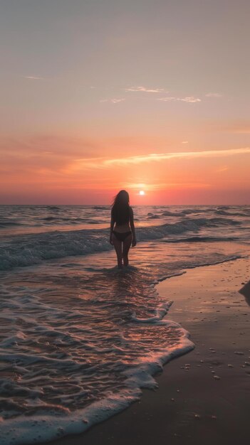 Samotna kobieta na plaży w zmierzchu